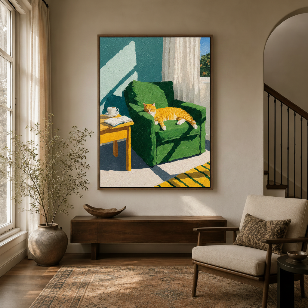  Colorful cat canvas wall art displayed in modern entryway with arched doorway and natural light