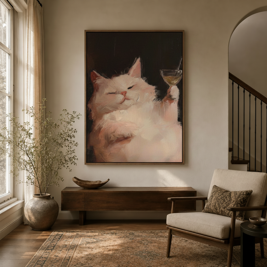 Chubby cat martini wall art in dark walnut float frame hanging in a bright modern entryway foyer