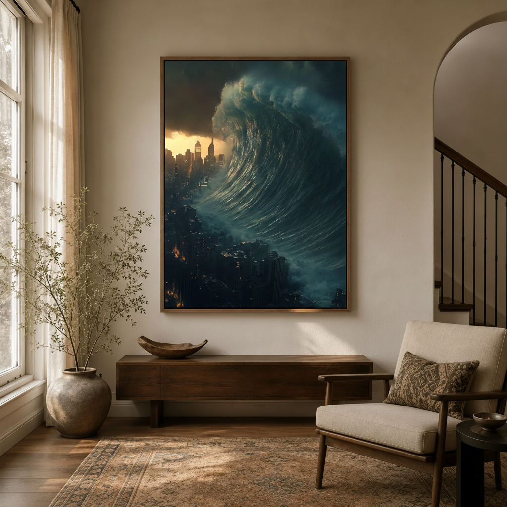 Dark surreal tsunami city canvas art hung in modern entryway beside arched doorway and wooden console