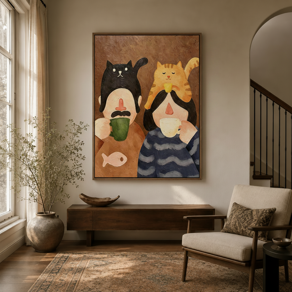 Cozy cat lover wall art in dark walnut float frame hanging in entryway with arched doorway and natural wood accents