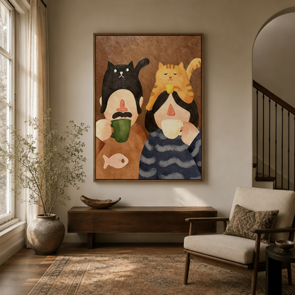 Cozy cat lover wall art in dark walnut float frame hanging in entryway with arched doorway and natural wood accents