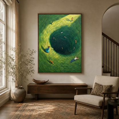  Large framed surrealist painting with swirling green grass displayed in a bright entryway hallway