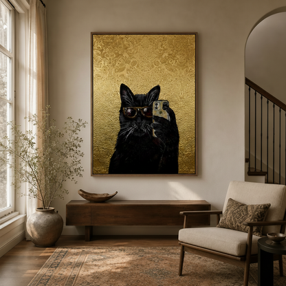 Funny black cat with sunglasses canvas in float frame, neutral entryway with arched doorway