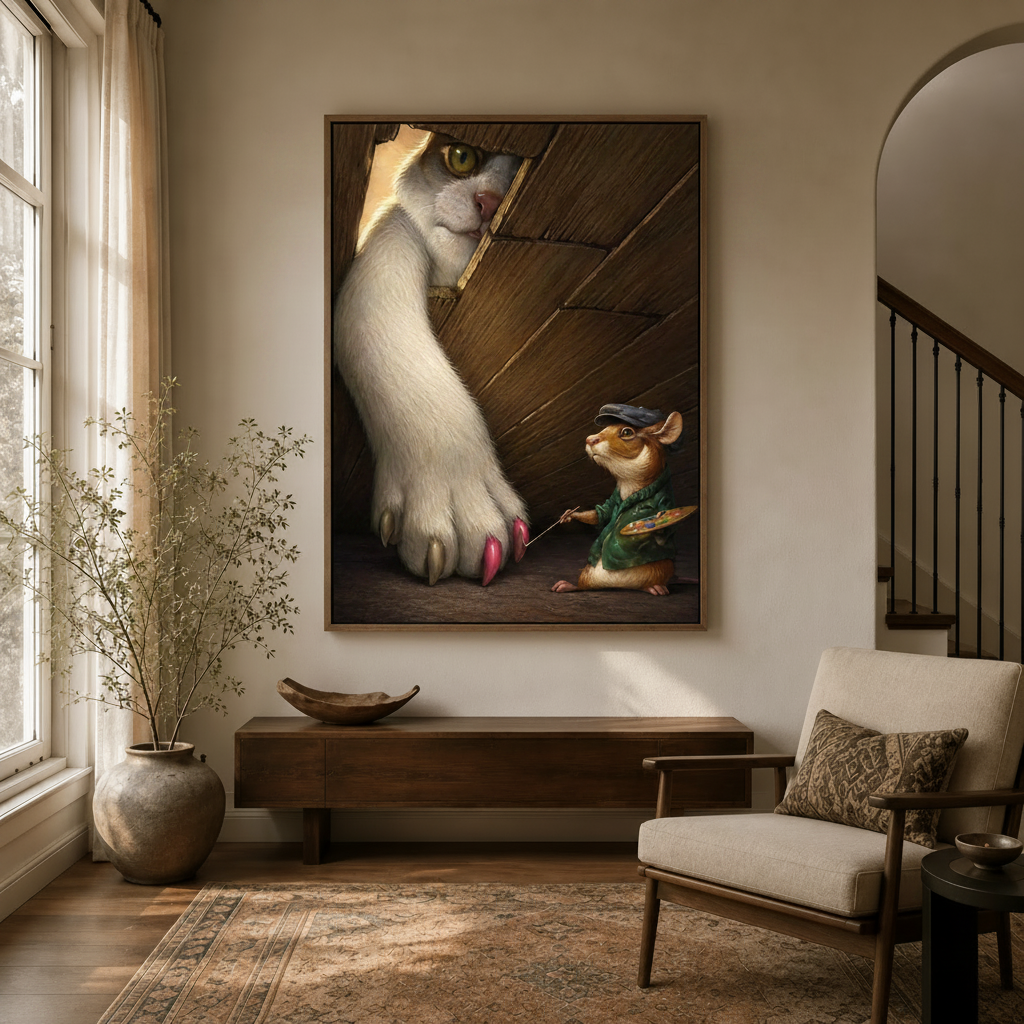 Funny mouse painting cat nails canvas art hung in modern entryway beside arched doorway and wooden console