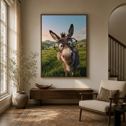 Cartoon donkey glasses canvas hanging in hallway entryway with arched doorway and natural light