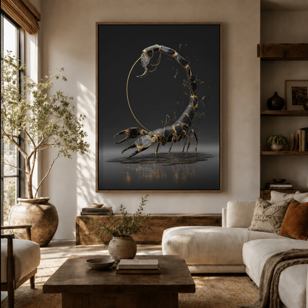 Scorpio zodiac canvas wall art in living room – dark minimalist 3D scorpion illustration displayed as bold statement piece above sofa by Aurewall