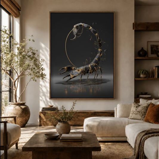 Scorpio zodiac canvas wall art in living room – dark minimalist 3D scorpion illustration displayed as bold statement piece above sofa by Aurewall