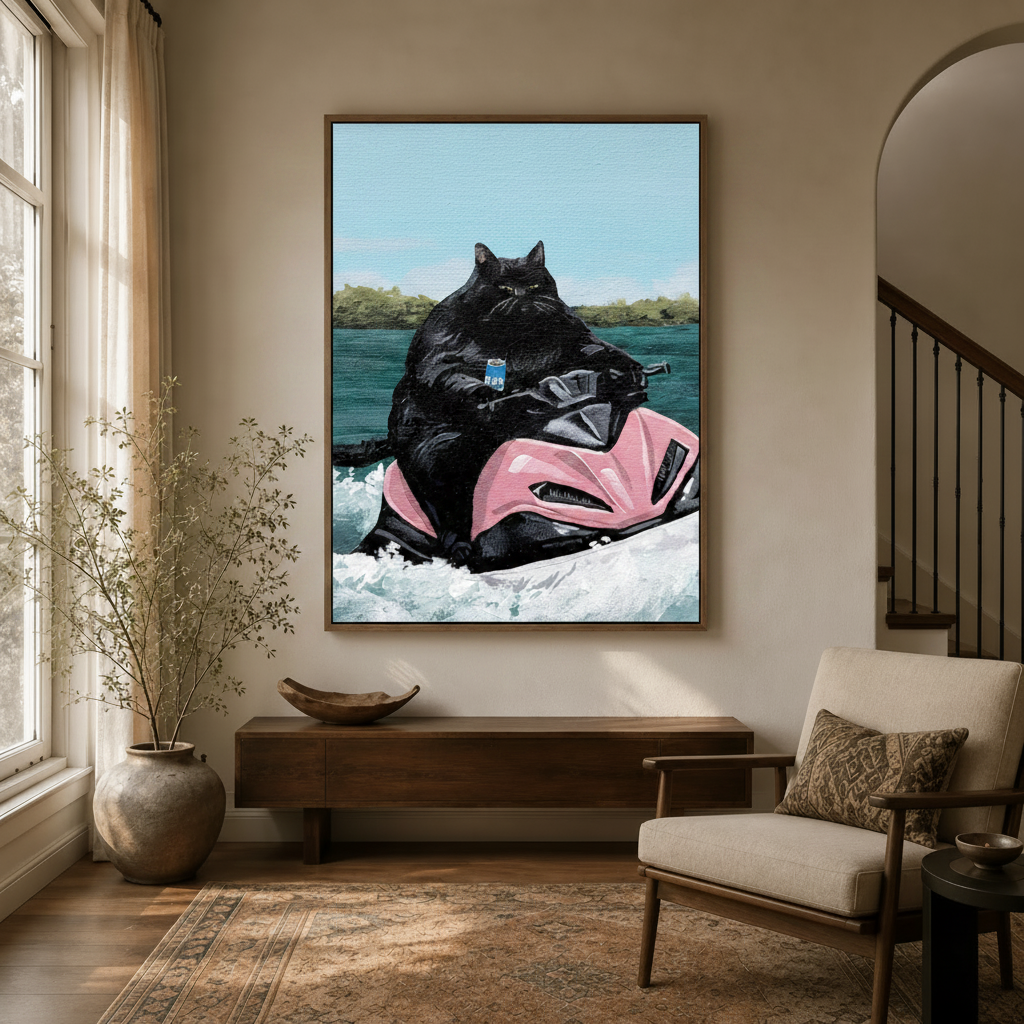 Humorous cat canvas art in float frame hanging in entryway with arched doorway and cream armchair