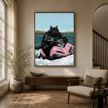 Humorous cat canvas art in float frame hanging in entryway with arched doorway and cream armchair