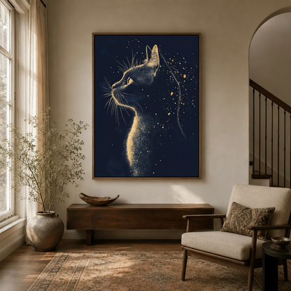 Dark celestial cat wall art hanging in modern entryway hallway interior