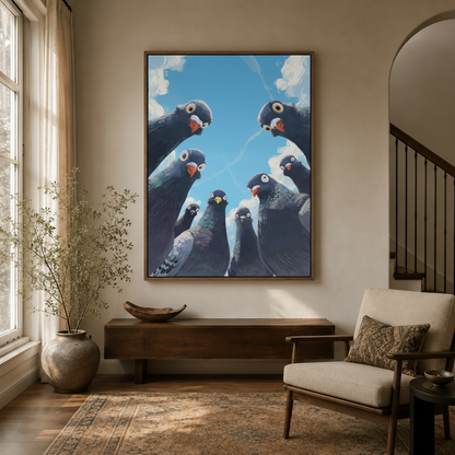 Funny city pigeon worm's-eye view canvas wall art hanging in modern farmhouse entryway with arched doorway