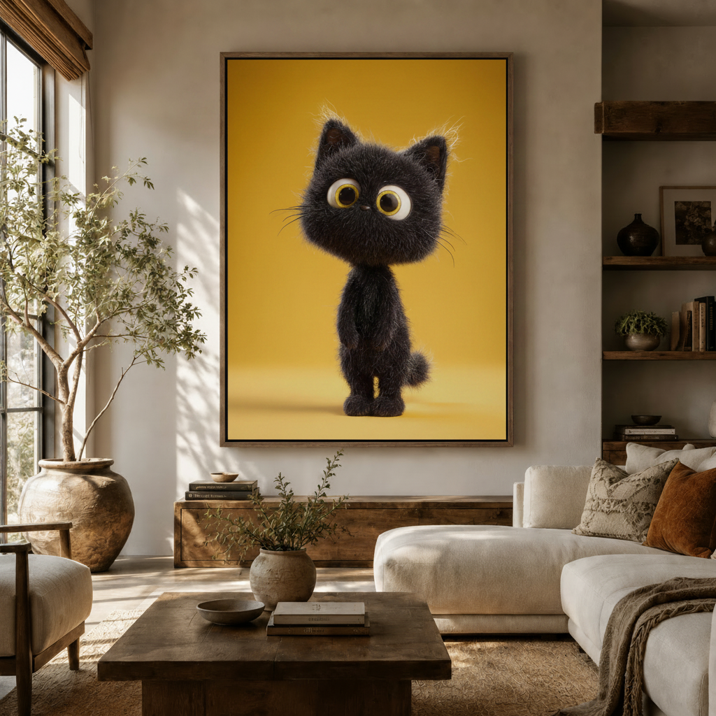 Fluffy black kitten with big yellow eyes 3D canvas in float frame above living room sofa
