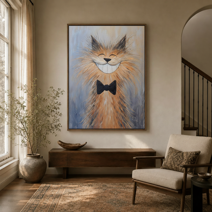 Whimsical grinning cat with bow tie framed canvas in neutral entryway with arched doorway