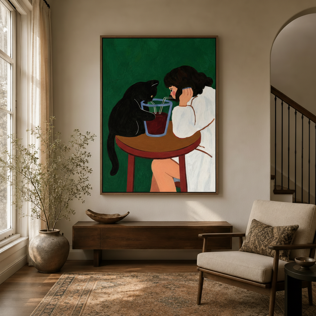 Modern flat art canvas print of girl and black cat hanging in a bright entryway with arched doorway