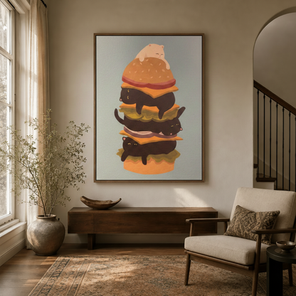 Funny cat burger tower wall art hanging in a bright entryway with arched doorway and console table