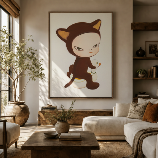 Nara-inspired cat girl canvas print hanging in living room with natural light and warm decor