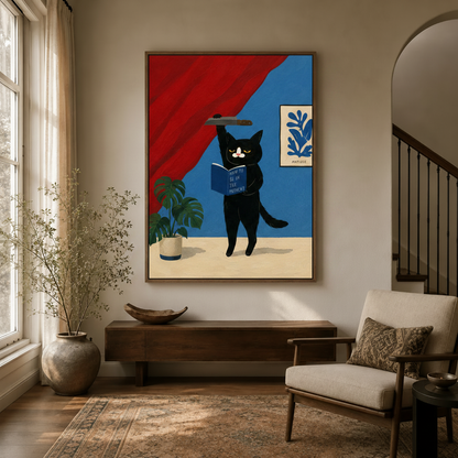  Funny black cat pop art print hanging in a cozy entryway with arched doorway and dried branch decor