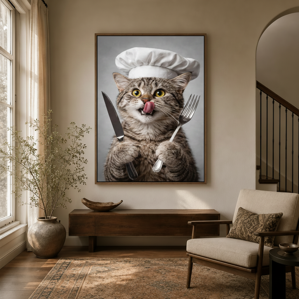 Funny tabby chef cat wall art framed canvas displayed in modern entryway above console table