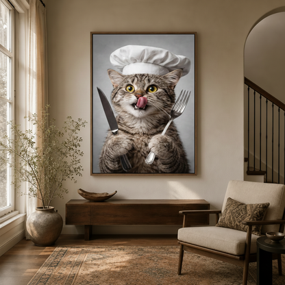 Funny tabby chef cat wall art framed canvas displayed in modern entryway above console table