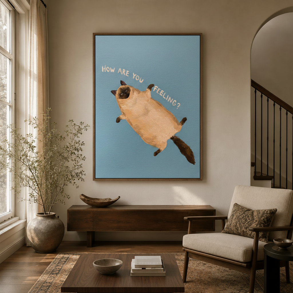 Funny Siamese cat canvas wall art hanging in a bright entryway with natural light