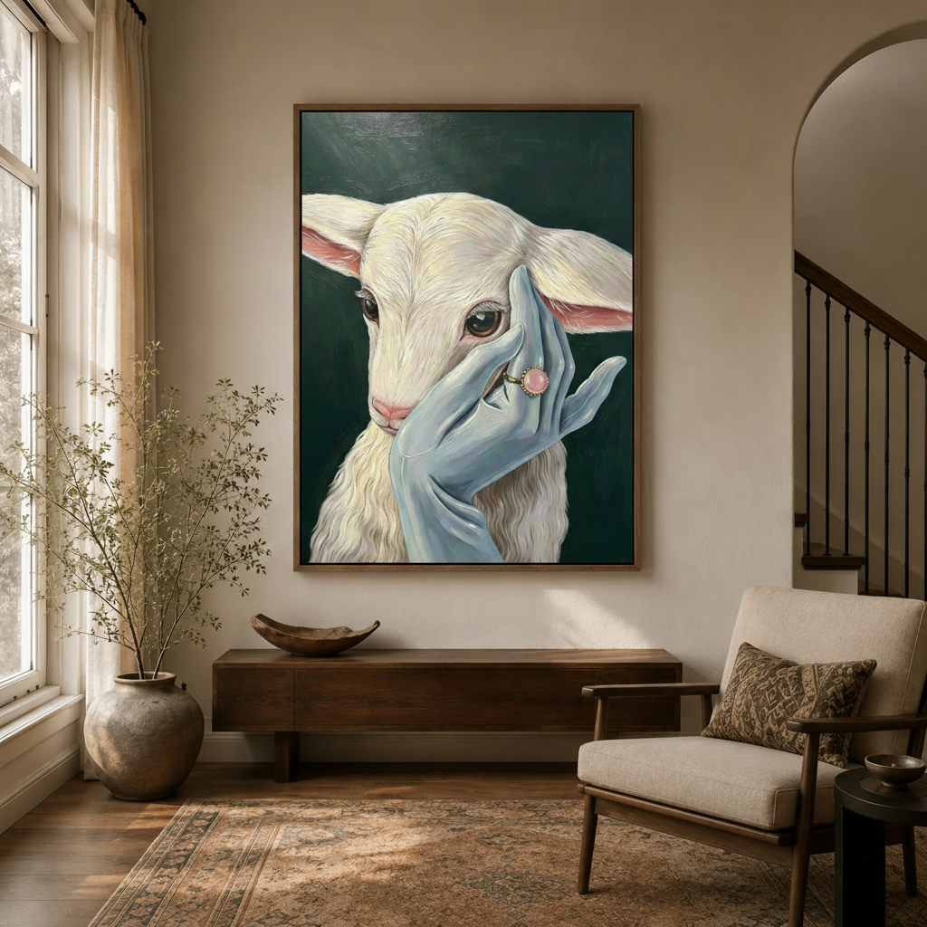 Moody animal portrait wall art displayed in a cozy entryway with arched doorway and dried branches
