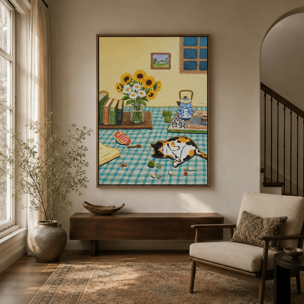 Colorful cat canvas wall art with sunflowers and teapot hanging in bright modern entryway
