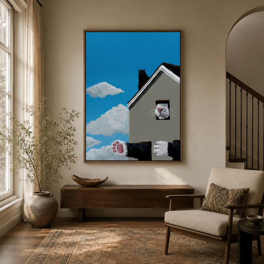 Funny cat house wall art with worm's-eye view hanging in a bright entryway with arched doorway