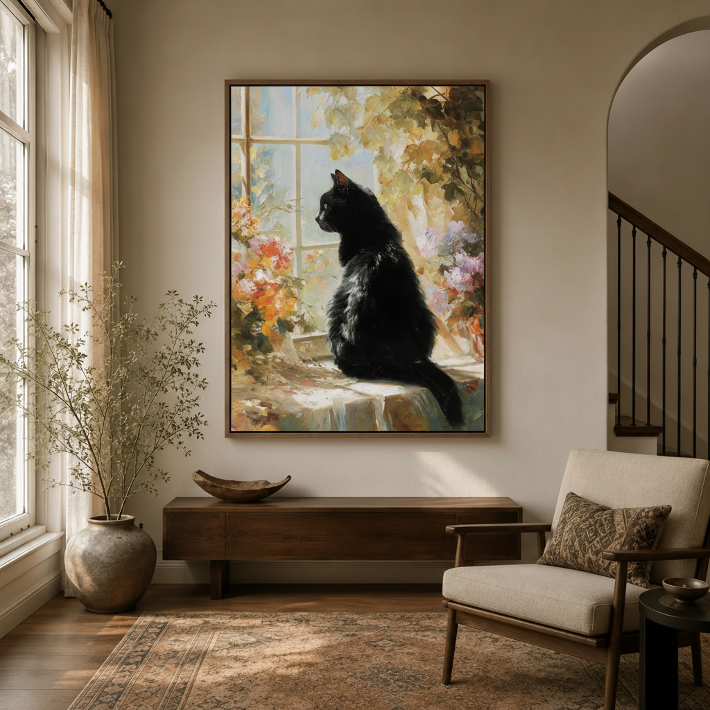  Impressionist black cat window painting in dark walnut float frame hung in a bright entryway with arched doorway