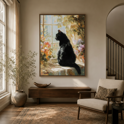  Impressionist black cat window painting in dark walnut float frame hung in a bright entryway with arched doorway