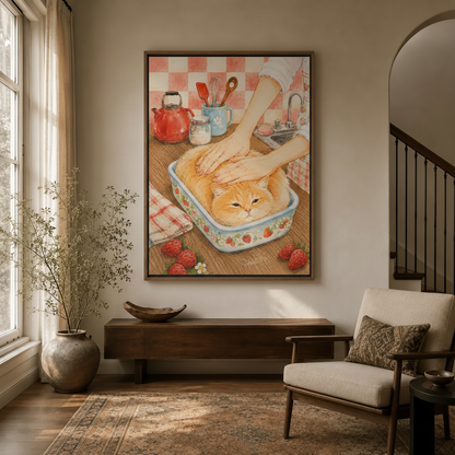 Whimsical ginger cat kitchen canvas print hanging in modern entryway