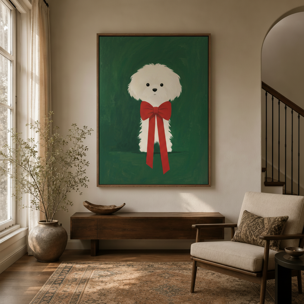 Minimalist white dog canvas wall art hanging in a bright entryway above a wooden console