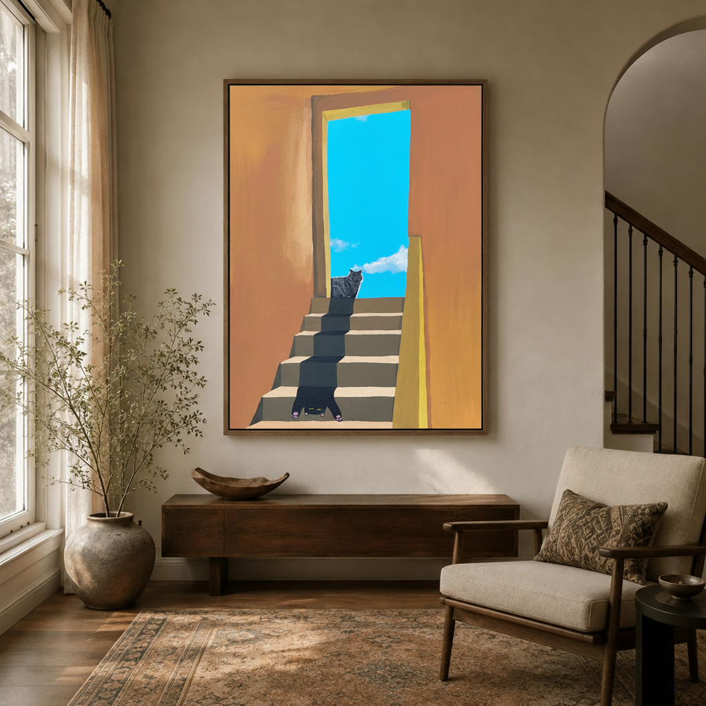 Whimsical gray and black cat staircase painting hanging in a cozy entryway above a walnut console