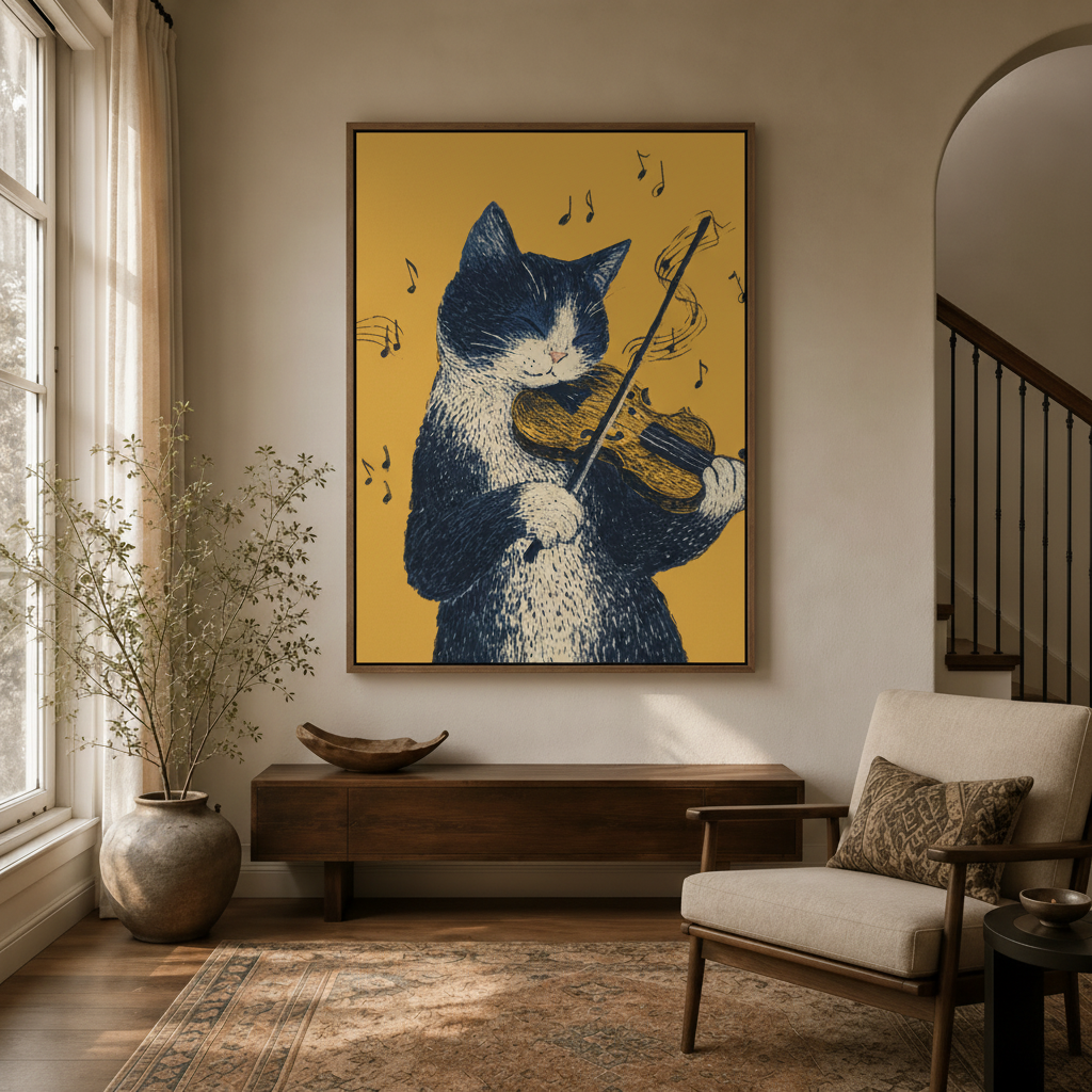 Tuxedo cat violin wall art framed canvas hanging in bright modern entryway hallway