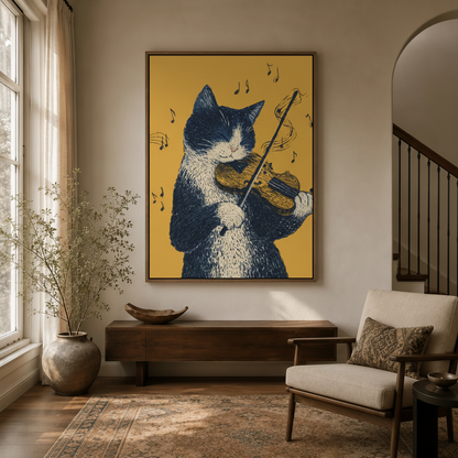 Tuxedo cat violin wall art framed canvas hanging in bright modern entryway hallway
