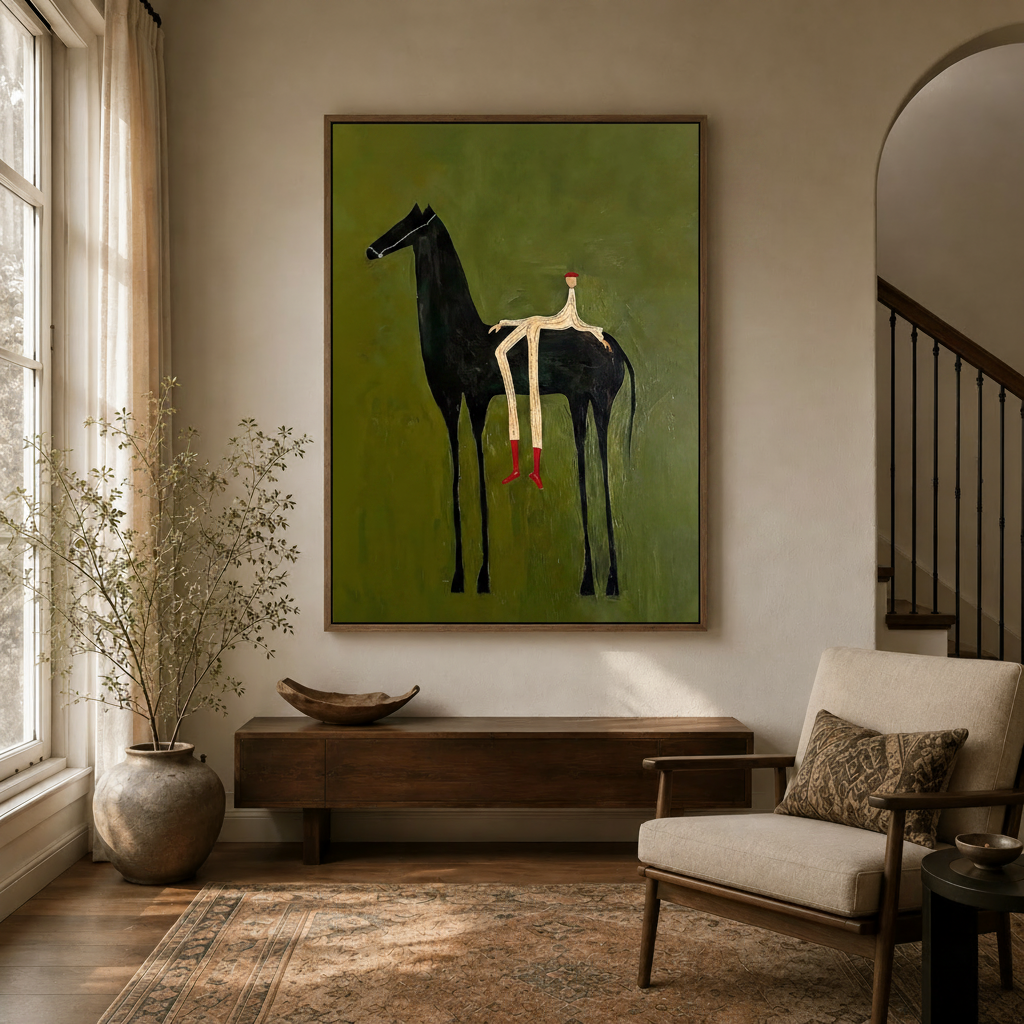 Large olive green horse painting in floating frame hung in a bright entryway with staircase and armchair