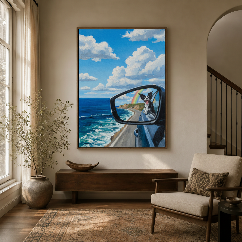 Joyful dog hanging out car window coastal oil painting in dark walnut float frame hung in modern entryway