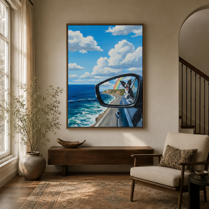 Joyful dog hanging out car window coastal oil painting in dark walnut float frame hung in modern entryway
