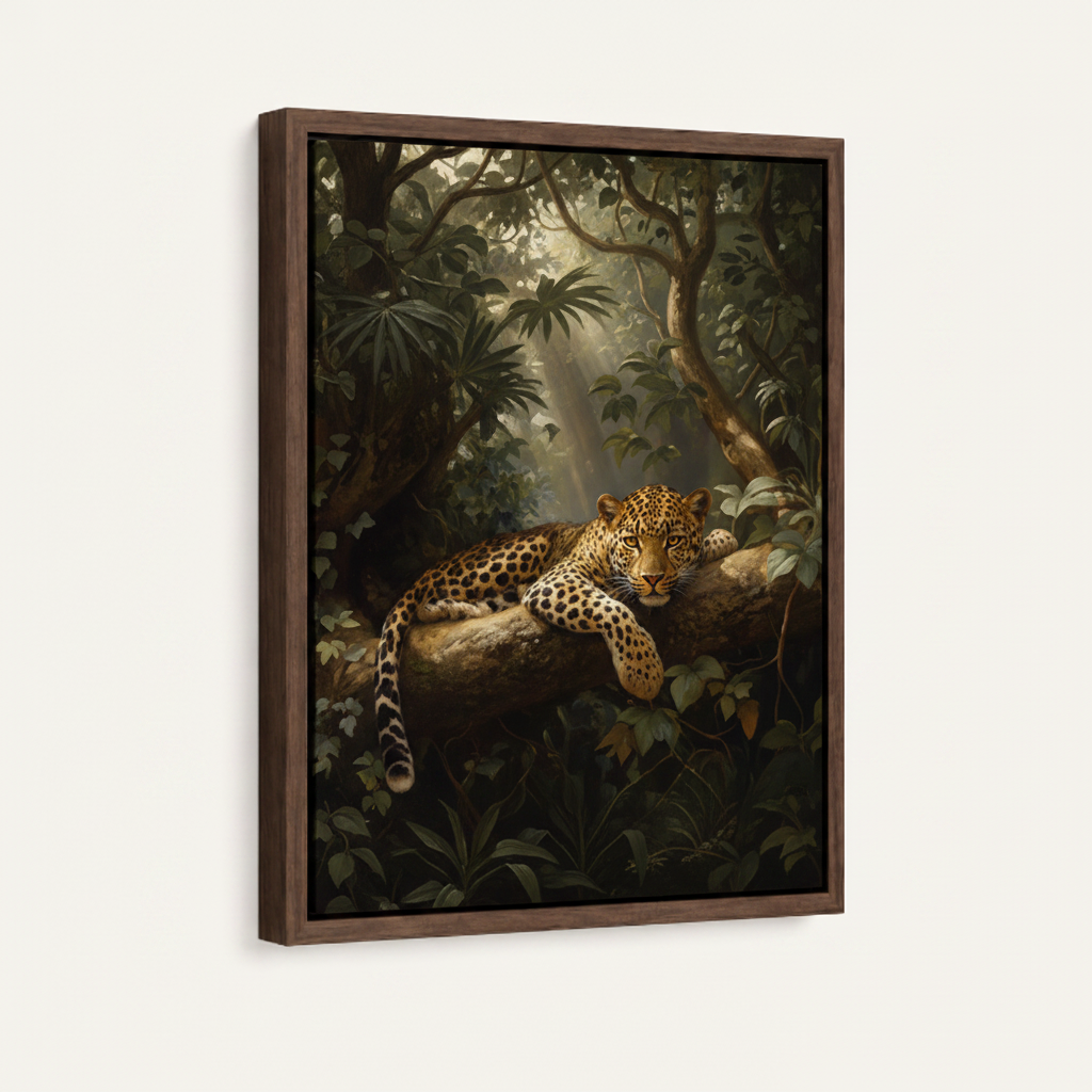 Resting leopard framed canvas wall art – classic jungle oil painting with spotted leopard lounging on mossy branch by Aurewall