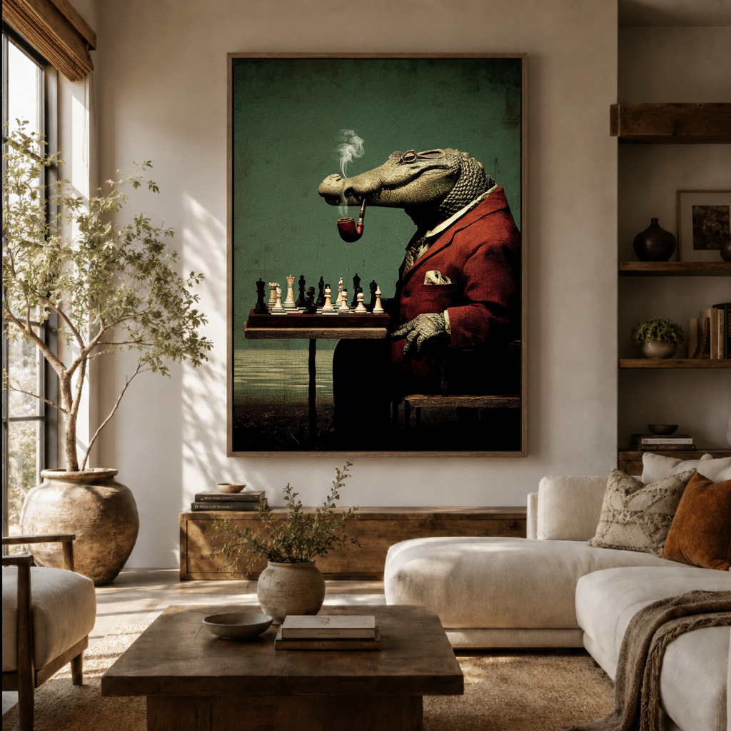 Dapper crocodile chess canvas wall art in living room – humorous classical oil painting with suited crocodile at chess board displayed above sofa by Aurewall