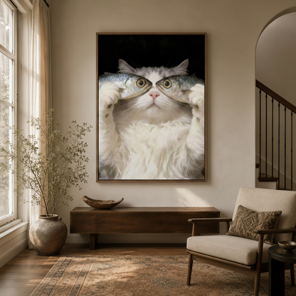 Quirky white cat fish canvas in float frame hanging in neutral entryway with arched doorway