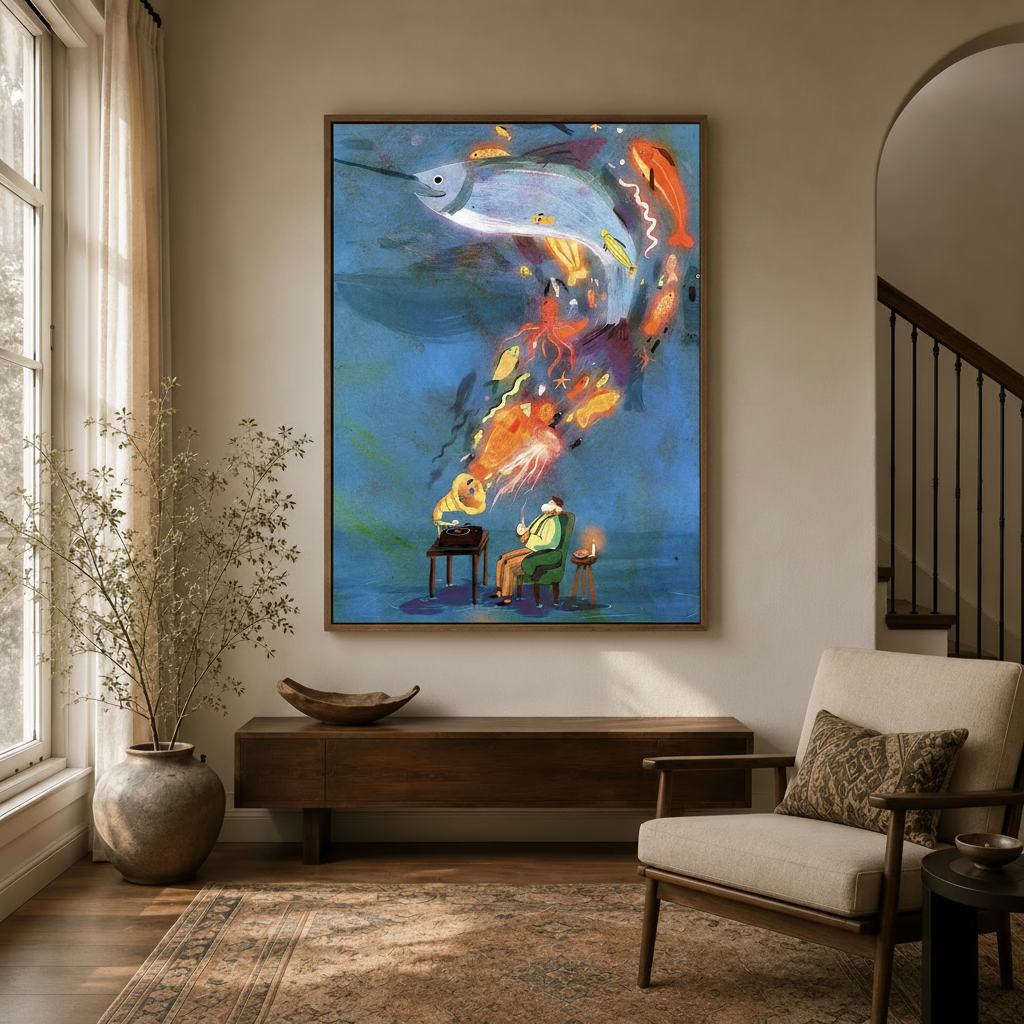 Dreamy music and ocean creatures wall art in dark walnut float frame hung in modern entryway