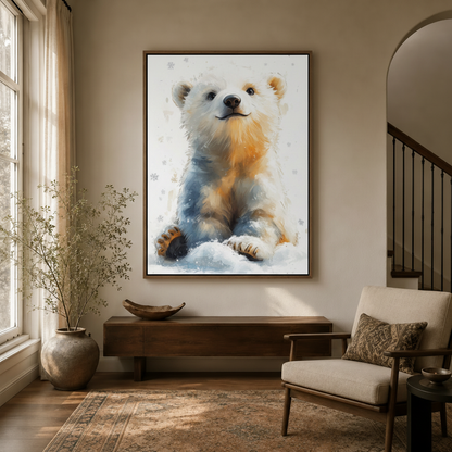 Cute polar bear cub wall art in float frame hanging in a cozy entryway with dried branch decor and arched doorway