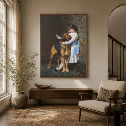 Classic figurative painting of girl and dog in dark walnut float frame hung in entryway