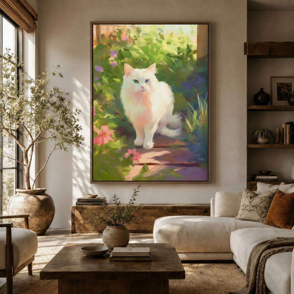 Fluffy white cat in flower garden framed canvas displayed above cream living room sofa