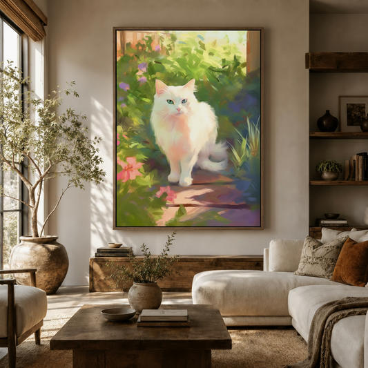 Fluffy white cat in flower garden framed canvas displayed above cream living room sofa