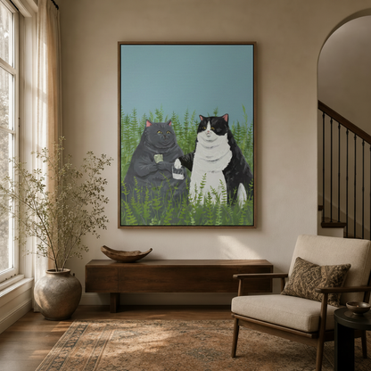 Funny cat illustration canvas in float frame hanging in entryway with arched doorway and cream armchair