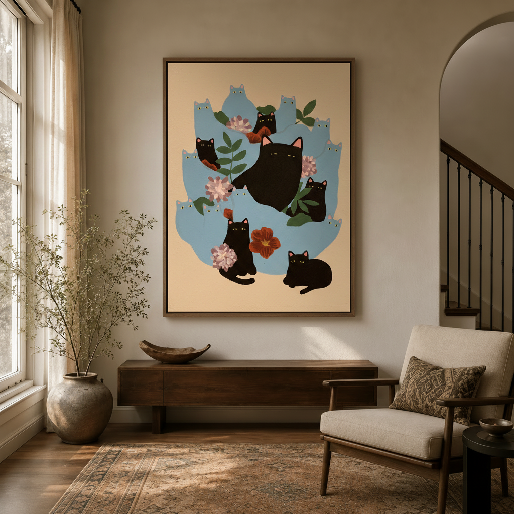 Black cats floral wall art in dark walnut floater frame hanging in a bright entryway hallway