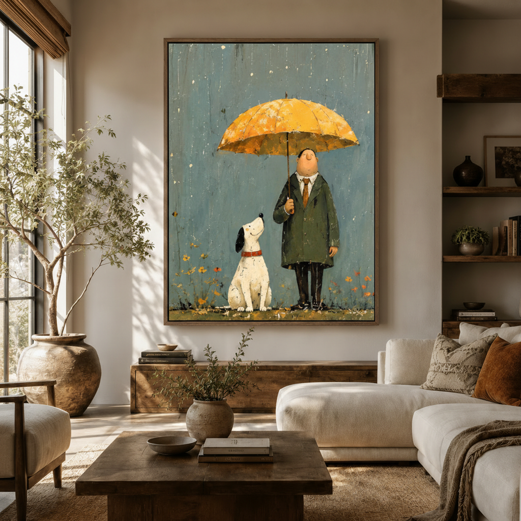 Rainy day whimsical canvas print hanging in living room, man and dog under polka-dot umbrella
