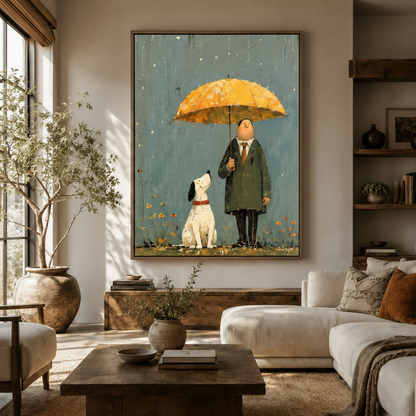 Rainy day whimsical canvas print hanging in living room, man and dog under polka-dot umbrella
