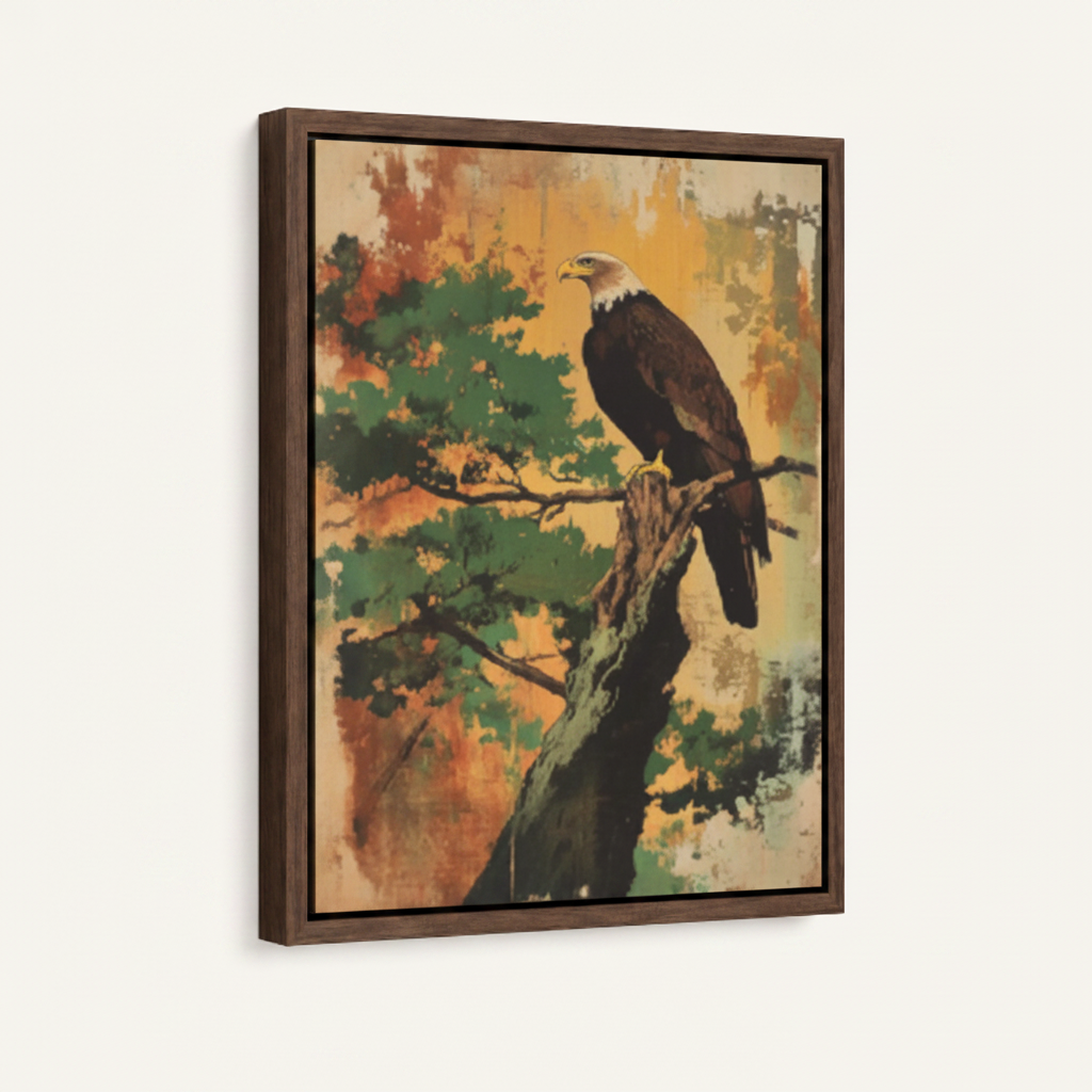 Framed bald eagle autumn canvas wall art – vintage wildlife oil painting with rust and green tones by Aurewall